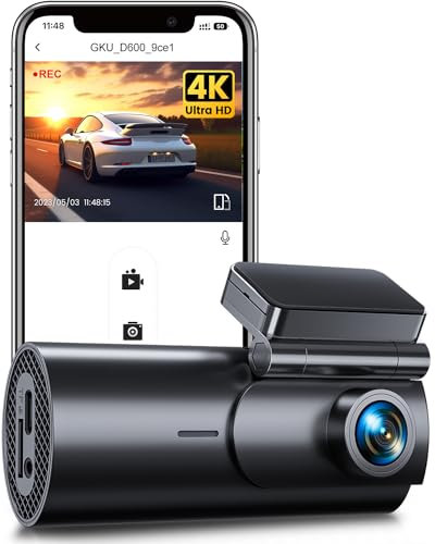 GKU 4K Dashcam Auto Vorne, Mini WiFi Dash Cam, Auto Kamera mit Parküberwachung, Super-Nachtsicht, WDR, 170° Weitwinkel Autokamera, G-Sensor, Loop-Aufnahme, APP-Steuerung, Max 256GB (D600)