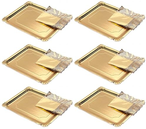 Tradineur - Pack de 6 bandejas rectangulares de cartón con blonda, fuente reciclable para pasteles con encaje de papel, decoración de fiestas, presentación de postres (Dorado - 34 x 42 cm)