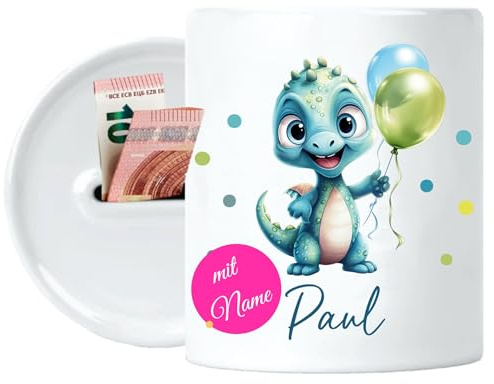 4you Design Keramik Spardose für Kinder personalisiert – Punkte Dino – Sparbüchse mit Namen - Geschenk für Jungen & Mädchen zur Einschulung, Weihnachten, Geburtstag – 9,5cm hoch Ø 8cm