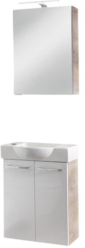 FACKELMANN SBC Stanford Gäste WC Waschtisch Set mit Spiegelschrank 55 cm breit, Weiß/Braun hell, Türanschlag Links – Perfekt für kleine Bäder