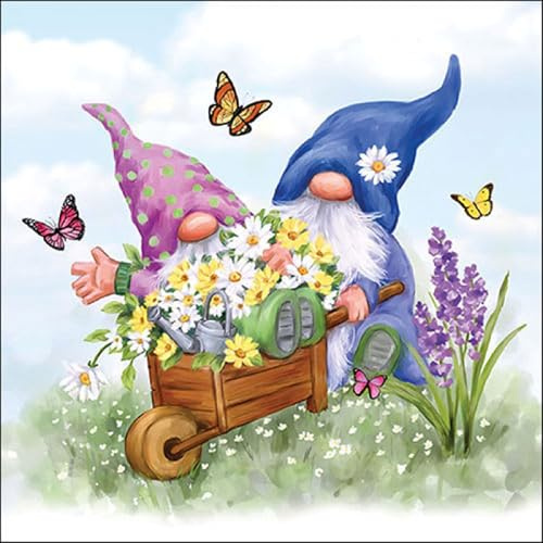 20 Servietten Garten Wichtel mit Schubkarre voller Blumen als Tischdeko. Papierservietten mit Motiv. Auch für Decoupage und Serviettentechnik 33x33cm