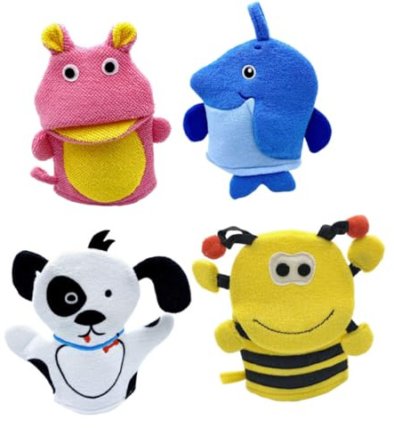 IWOWHERO 4 Stück-pack Kinder Körperreinigungshandschuhe mit Kreativen Tiermotiven Peeling Duschhandschuhe aus Verbundbaumwolle Leicht zu Tragen für Bad und Dusche