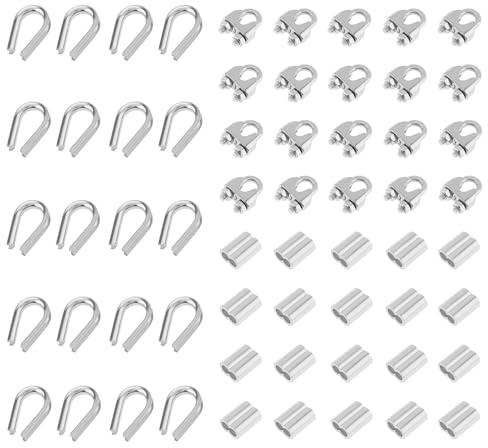 60 Pcs 3/16 Inch Wire Rope Clamp, 304 Stainless Steel Wire Clamps M5 Thimbles Cable Clamp Clip Aluminum Crimping Loop Sleeve Ferrule for 3/16 Cables