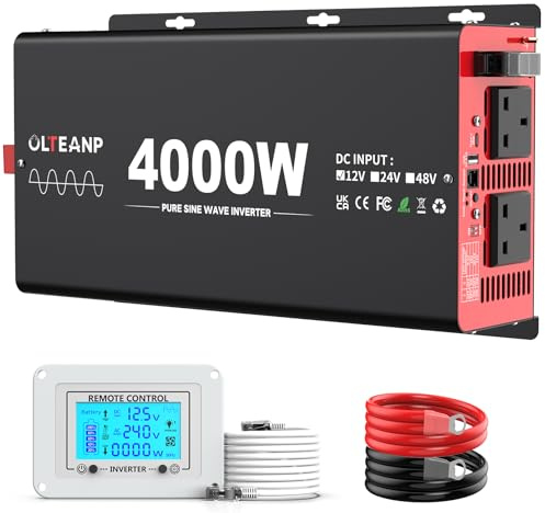 OLTEANP 4000W Pure Sine Wave Inverter, 12V DC to 240V AC Power Inverter with 2 AC Outlets, USB Port, Type-C Port for Truck, Vehicle, Power Outage, Remote Control with LCD Screen