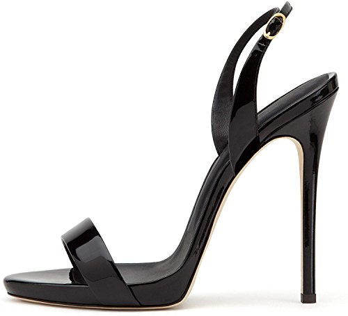 elashe Donna Sandali Lucidi Slingback Tacco a Spillo 12 cm Tacco Alto Punta Rotonda e Fascia Posteriore Regolabile Ideali per Estate Feste ed Eventi Sposa Nero EU37