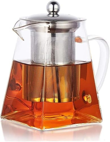 PluieSoleil Square Glass Teapot with Infuser, 750 ml Borosilicate Tea Pot for Loose Tea, Clear Leaf Teapot with Strainer for Microwavable and Stovetop