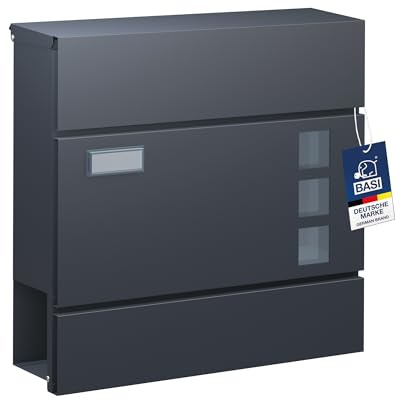 BASI | Briefkasten mit Softclose Klappe, Sichtfenster & Namensschild | DIN A4 Einwurf | inkl. 2 Schlüssel | integriertes Zeitungsfach | H37 x B37 x T10,4 cm | anthrazit | Wandbriefkasten Postkasten