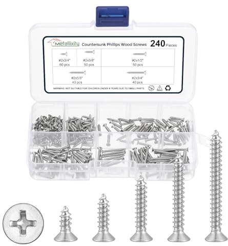 METALLIXITY Cross Recessed Wood Screws Kit #2 240Pcs, (1/4 to 3/4) 304 Stainless Steel Coarse Thread Phillips Drive Flat Head Wood Screws - for Furniture Installation, Silver
