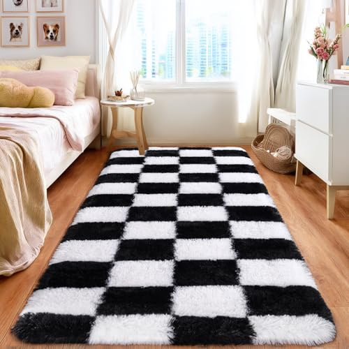 BSGIFT Hochflor Teppich Flauschig Kariert 80x150 Läufer, Plüsch Teppich Shaggy Langflor für Schlafzimmer Wohnzimmer Kinderzimmer, Modern Wohnzimmerteppich Bettvorleger rutschfest, Schwarz und Weiß