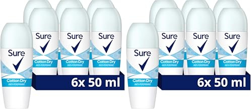 Sure Cotton Dry Women's Deodorant with a clean fragrance inspired by fresh cotton sheets Anti-Perspirant Roll On and 48 hour sweat and odour protection 50 ml, Pack of 12