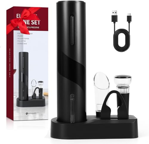 Electric Wine Bottle Opener, 5-in-1 Wine Opener Set with Storage Base, Wine Foil Cutter, Wine Aerator and Vacuum Stopper, Electric Corkscrew Wine Opener for Wine Lovers Gift, Home, Restaurants,Travel