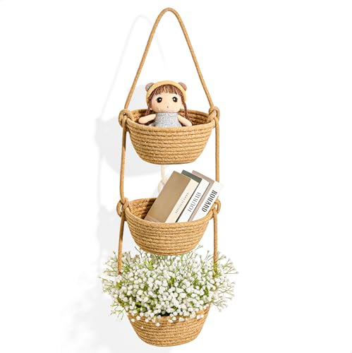 Panier Suspendu, Rangement Salle de Bain Petit Panier Rangement 3 Niveaux en Coton, Organisateur Mural Suspendu pour Porte et Mur, Solution Rangement Maison pour Bain Chambre et Cuisine, Marron