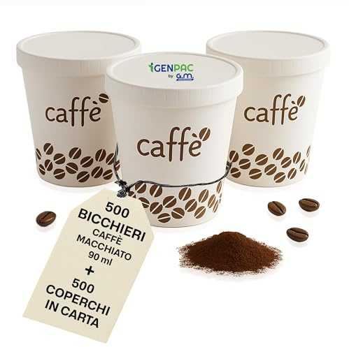 G.M. DISTRIBUZIONE GM - 500 Bicchieri in Carta Bio Compostabile 90 ml con Coperchi in Carta – Riutilizzabili, Ecologici – Ideali per Caffè e Bevande Calde – Perfetti per Bar, Uffici e Take Away