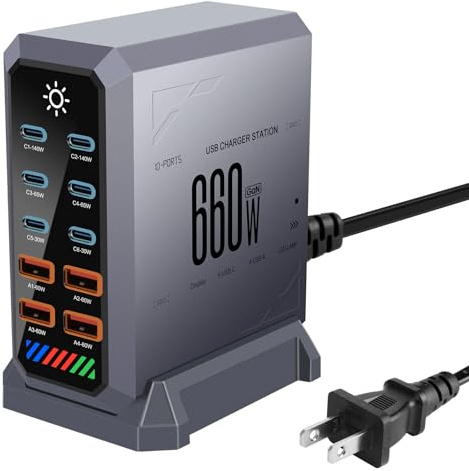 660W Charging Station, 10-Port GaN III USB C Fast Charger Block (6 USB-C & 4 USB-A) with 140W, 65W, 60W, 30W PD PPS Ports, Multi USB Hub Compatible with M-acBook, Phone, Galaxy, Laptops & More (gray)
