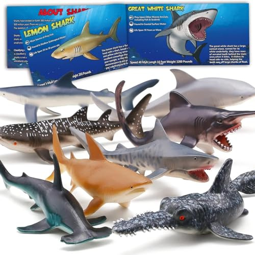 Pack de 8 Jouets Requins avec Livret Éducatif, Ensemble de Figurines de Requins Réalistes en Plastique Souple pour Enfant, Faveur de Fête sur les Animaux Marins, Jouet pour Piscine et Baignoire des To