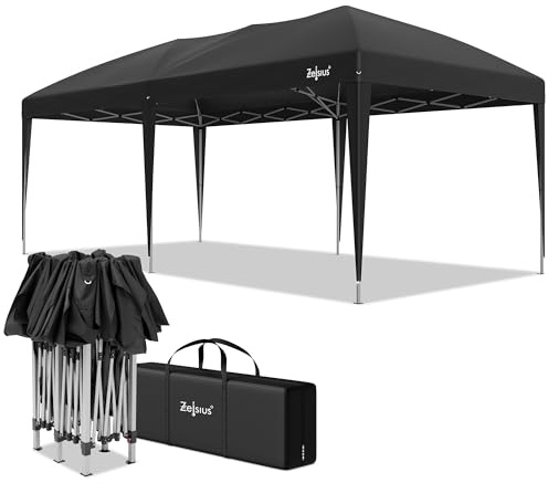 Zelsius Vikbar paviljong 3 x 3 m | svart | popup paviljong UV30, fällbart, fällbart, festtält med väska | skydd för trädgård, solskydd, trädgårdspaviljong, hopfällbart popup-tält