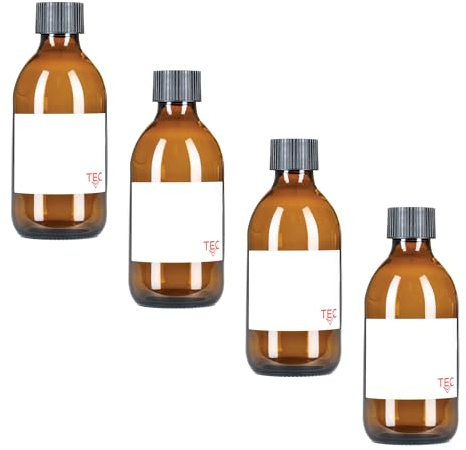 TEC 300ml Amber Glass Bottles with Black Caps 65% Recycled UK Made | Brown Small Screw Caps Cleaning Hair Water Oil Gardening Mist Essential Oils Recyclable Labels Wrapped in Sustainable Paper