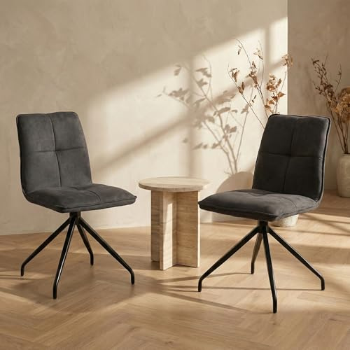 JIEXI Drehbare Esszimmerstühle 2er-Set 360° Polsterstuhl, Grau und Beige Stoff, gepolstert mit schwarzen Metallfüßen, 47 cm B x 60 cm T x 88 cm H, für Esszimmer Küche Wohnzimmer (Grau)