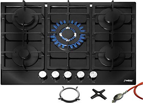 Phönix PG-701T Einbau Gaskochfeld Kochfeld 70 cm Glas Gaskocher 5 Kochplatten autark (freistehend- / Einbau- Gaskochfeld)