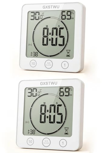 GXSTWU 2Pcs Digital Bathroom Clock Shower Timer with Alarm, Waterproof Clocks for Bathroom Kitchen Thermometer Hygrometer Wall Clock with Suction Cup Hanging Hole Magnet (2packs)