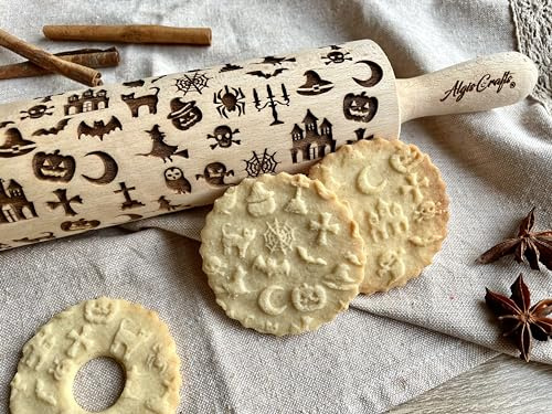 Mattarello Legno Goffrato LA SOCIETA' DI HALLOWEEN | Mattarello Inciso | Rullo per Biscotti e per Modellare | Mattarello per Halloween | Mattarello Decorativo per Biscotti di Algis Crafts