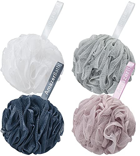 AmazerBath Loofah Sponge 60g/Piece, Exfoliating Bath Sponge Body Scrubber - Loofa Set of 4 Grey Blue-Pink-Grey-White