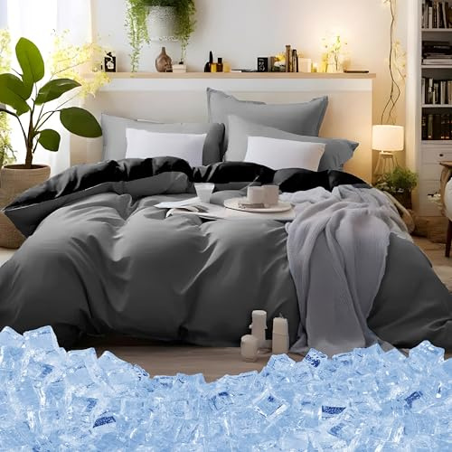 MOHAP Bedding Double Duvet Cover Set Plain Brushed Microfiber Bedding 1 Duvet Cover with 2 Zippers and 2 Pillowcases Black and Grey