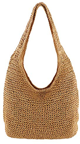 CHIC DIARY Bolso de hombro de paja tejido a mano para mujer, grande, con asas de playa y cremallera, #01-Caqui, Large