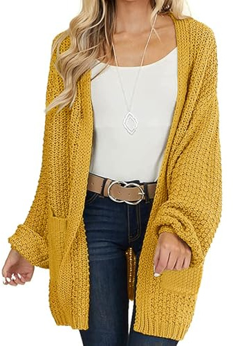MEROKEETY Women's 2025 Fall Open Front Chunky Knit Sweater Oversized Lantern Sleeve Cardigan Outwear, Mustard, Medium