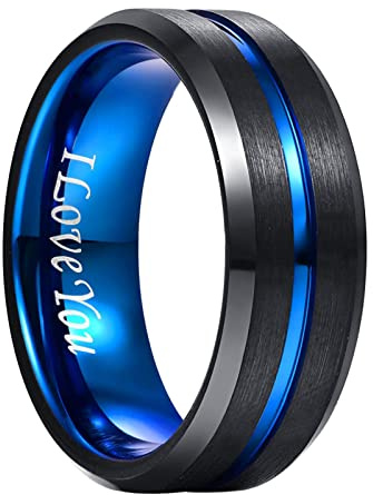 NUNCAD 8mm Nero + Blu Anello di Fidanzamento con I Love You, Anello Uomo Donna in Tungsteno con Scanalatura Centrale Blu per Partner Coppie Alliance Taglia 23.25