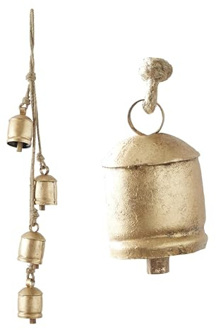 Deco 79 Metal Indoor Outdoor Decorative Cow Bells Tibetan Inspired Cascading Meditation Bell with 4 Bells on Jute Hanging Rope, Cow Bell 3 x 3 x 27, Gold