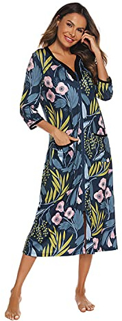 Verve Jelly Damen Reißverschluss Roben 3/4 Ärmel Blumendruck Bademantel Leichte Hausmäntel mit Taschen Damen Loungewear