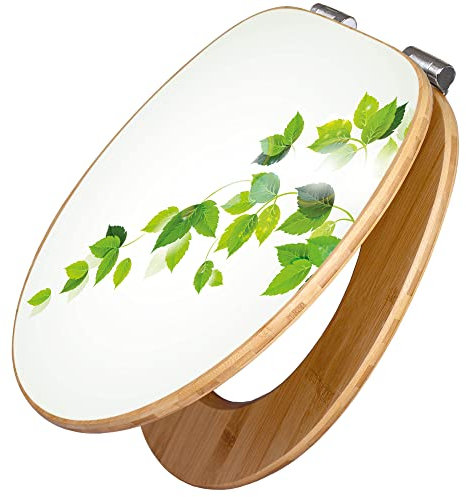 banjado Design WC Sitz Bambus Absenkautomatik 45,8x37,5cm / Toilettendeckel mit Absenkautomatik Holz/hochwertiger Bambus Klodeckel/WC-Sitz für gängigen Toiletten/Motiv Ranke Gelb Weiß