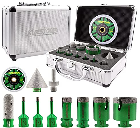 KURSTOL Diamond Core Drill Bits Kit - 11pcs 6/6/6/20/25/35/50mm+2 Beveling Chamfer Bit+3/4 Finger Milling Bit+Triangle Adapter to 5/8-11 thread+4.5 Cutting disc for Porcelain Ceramic Tile Granite