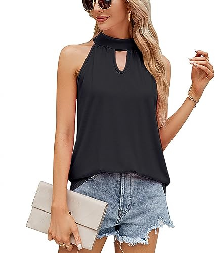QKEPCY Canotte Donna Estive Tank Top Halter Collo Alto Canotta Elegante Maglietta Senza Maniche T Shirt Estiva Cotone Abbigliamento Casual Magliette Cerimonia