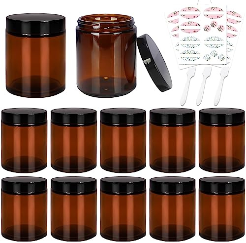 Yishik 8 oz Amber Glass Jars with Lids and Inner Liners,12 Pack Empty Round Cosmetic Containers,Refillable Cream Jars for Lotion,Slime Making