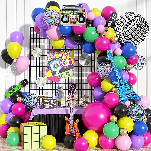 80er 90er Jahre Party Deko, Retro Disco Mottoparty Ballon Girlande Set mit Bunt Luftballons mit Disco Kugel Boombox Bassgitarre Mikrofon Folienballons für 80er 90er Hip Hop Geburtstag Dekoration