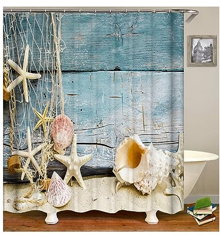 Homxi Duschvorhang mit Ösen Badewanne,180 W x 180 H cm,Bad Vorhang Hellblau Seesterne und Muscheln Polyester Duschvorhang mit Haken