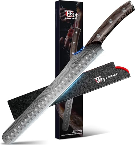 SYOKAMI Brisket Slicing Knife, 12 Inch Multifunction Carving Knife for Meat Cutting, Japanese Style Meat Slicer with Wood Full Tang Handle, Damascus Pattern Long Slicing for Roast Beef, Ideal for Gift