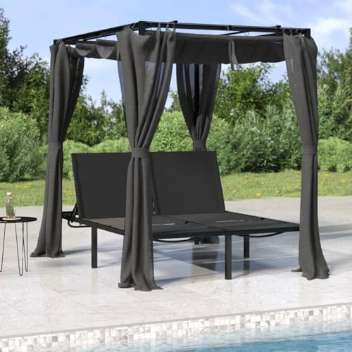 Homgoday Dubbel solstol med gardiner och baldakin, antracit trädgårdsstol, solstol, balkongstol, strandstol, relaxstol, terrassstol för balkong, trädgård, terrass
