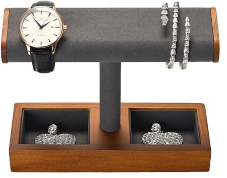 Papten Solid Wood Watch Display Stand T-bar Microfiber Watch Stand Holder Organizer For Men And Women (Gray)