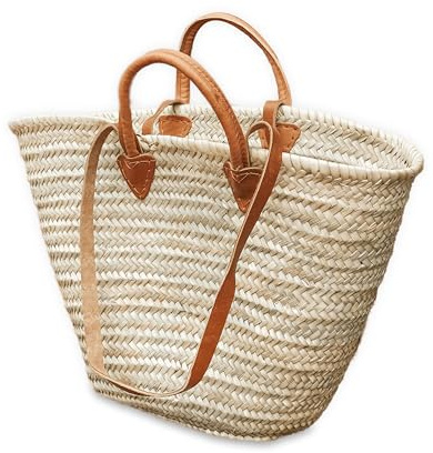 French Basket with Double Leather Handles - Straw Market Tote for Beach, Shopping and Summer Use