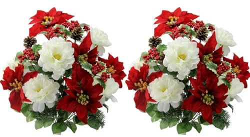 Admired by Nature 18 Stems Artificial Poinsettia Bouquet Christmas Flower Arrangement - Mixed Poinsettia Christmas Bush Bouquet - for Home Decor, Holidays, Funerals, Weddings, Red/Cream Set of 2