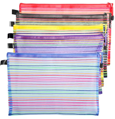 6 Stück Reißverschluss Mesh Tasche, Dokumententasche A4, Netztaschen mit Reißverschluss,Zipper Tasche, bunte Regenbogenstreifen Mesh Dokumententasche für Büro, Schule, Haushalt und Reisebedarf