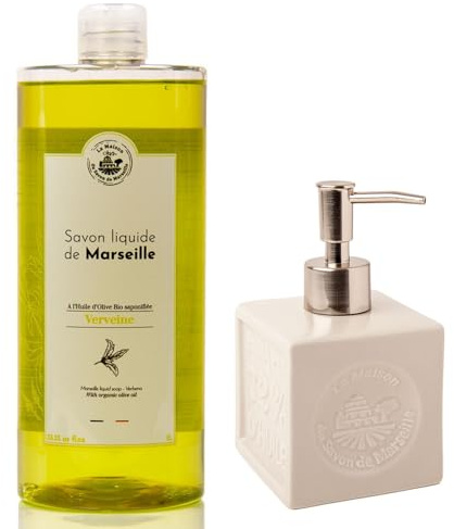 La Maison du Savon De Marseille - Bio Eisenkraut Flüssigseife mit nachfüllbarem Seifenspender aus weißer Keramik - Küchen- und Badezimmerzubehör für Zuhause - 1 Liter Nachfüllung und 300 Milliliter