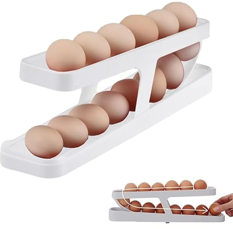 YaLiyA Egg Holder For Refrigerator Automatically Rolling Egg Storage Container Holds 12-14 Eggs 2 Tier Egg Container Storage Basket Rolling Holder for Kitchen Countertop Organizer (White)
