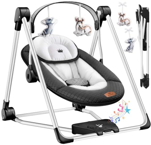 KIDIZ® Balancín para bebé con 5 ajustes de velocidad, plegable, balancín para bebé, asiento alto con arco de juego, juguetes, 5 sonidos naturales relajantes, Negro
