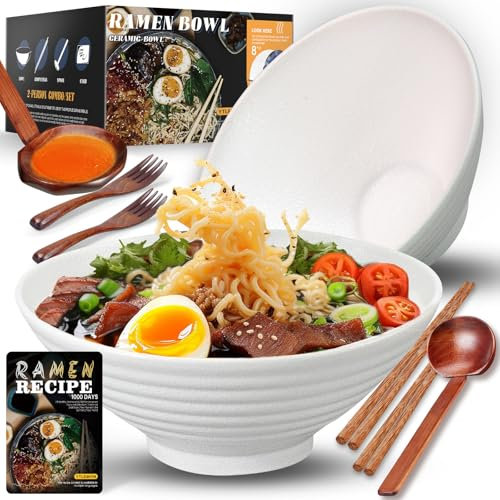 Set Ciotola Ramen In Ceramica 2×1000ml 34oz, Ciotola Di Pasta Giapponesi Con Bacchette Forchetta E Cucchiaio 2 Set Da 6 Pezzi Per Spaghetti Zuppa Di Insalata Snack Bowl Regali Per Uomini Donne Di Casa