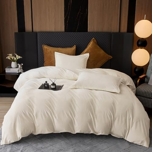 PHF Super Soft Velvet Duvet Cover Queen Size, 3pcs Luxurious Warm Velour Fluffy Bedding Set with 8 Ties, Cozy Breathable Flannel Comforter Cover with Pillow Shams, Zipper Closure, 90x90, Cream