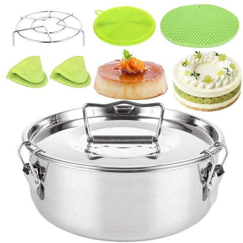 LDXDRU Molde para Flan, 6 Quart Stainless Steel Flan Pan, Flanera Flan Mold, Flan Mold with Lid, Baño Maria, with Silicone Heat Pad Oven Glove Rack for Baking Cheesecake Cupcake Pudding